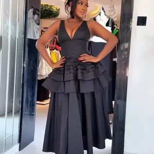 Lady's Midnight Majesty 3-Piece Layered Ruffle Formal Evening Gown - Sleeveless Long Elegant Chic Trendy Dress with Coordinating Skirt & Earrings for Party, Birthday Events