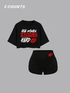 Women's Summer Casual Chic Set, Round Neck Loose-Fit Letter Print Crop Top & High-Waisted Lipstick Pattern Shorts, 2-Piece Fashion Set