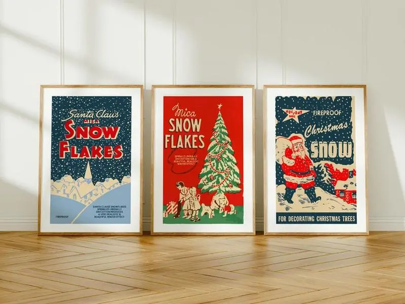 Retro Christmas Art Prints Holiday Poster Set of 3 Christmas Wall Prints Kitchen Christmas Decor Holiday Party Gift for Home Trendy Retro Posters Room Decor
