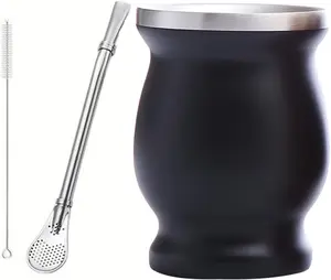 8OZ Yerba Mate 3 count  Gourd  Cup Set 304 Stainless Steel Double Walled  Traditional Mate Cup with Yerba Mate Straw and Cleaning Brush (Black)