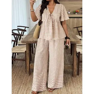 Plus Size Casual Plaid Print Shirt And Pants 2 Pieces Set Clothes Fabric