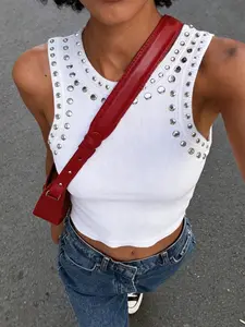 White Ribbed Studded Crop Tank Top – Sleeveless Round Neck Slim Fit Top, Stretchy Knit Fabric, Edgy Street Style, Casual Versatile for Everyday & Night Out, Trendy Must-Have for Women