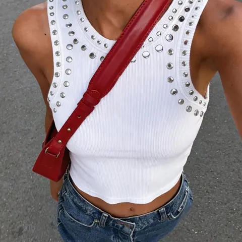 White Ribbed Studded Crop Tank Tops – Sleeveless Round Neck Slim Fit Basic Top, Stretchy Knit Fabric, Edgy Street Vibe Style, Casual Versatile for Everyday & Night Out, Trendy Must-Have for Women