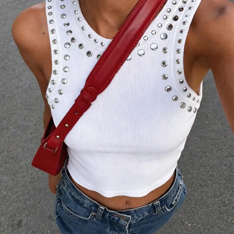 White Ribbed Studded Crop Tank Tops – Sleeveless Round Neck Slim Fit Basic Top, Stretchy Knit Fabric, Edgy Street Vibe Style, Casual Versatile for Everyday & Night Out, Trendy Must-Have for Women