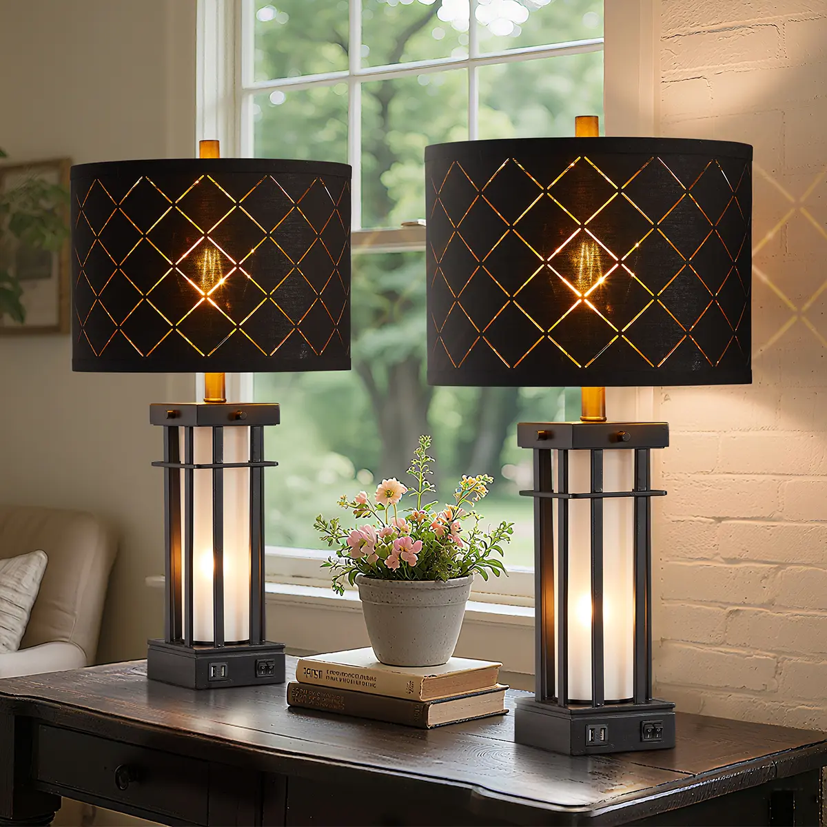 Industrial 25" Black Table Lamps (Set of 2) with Night Light, USB Charging, Switch, Indoor Decorative Function, Mood Lighting for Office, Indoor Decorative Light, Usb Port