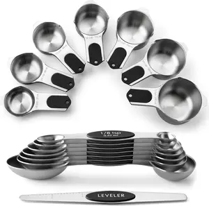 Spring Chef Magnetic Measuring Cups & Spoons Set, Patented, Strong N45 Magnets, Heavy Duty Stainless Steel Fits in Spice Jars for Baking & Cooking, BPA Free, Round Set of 15 with Leveler, Black