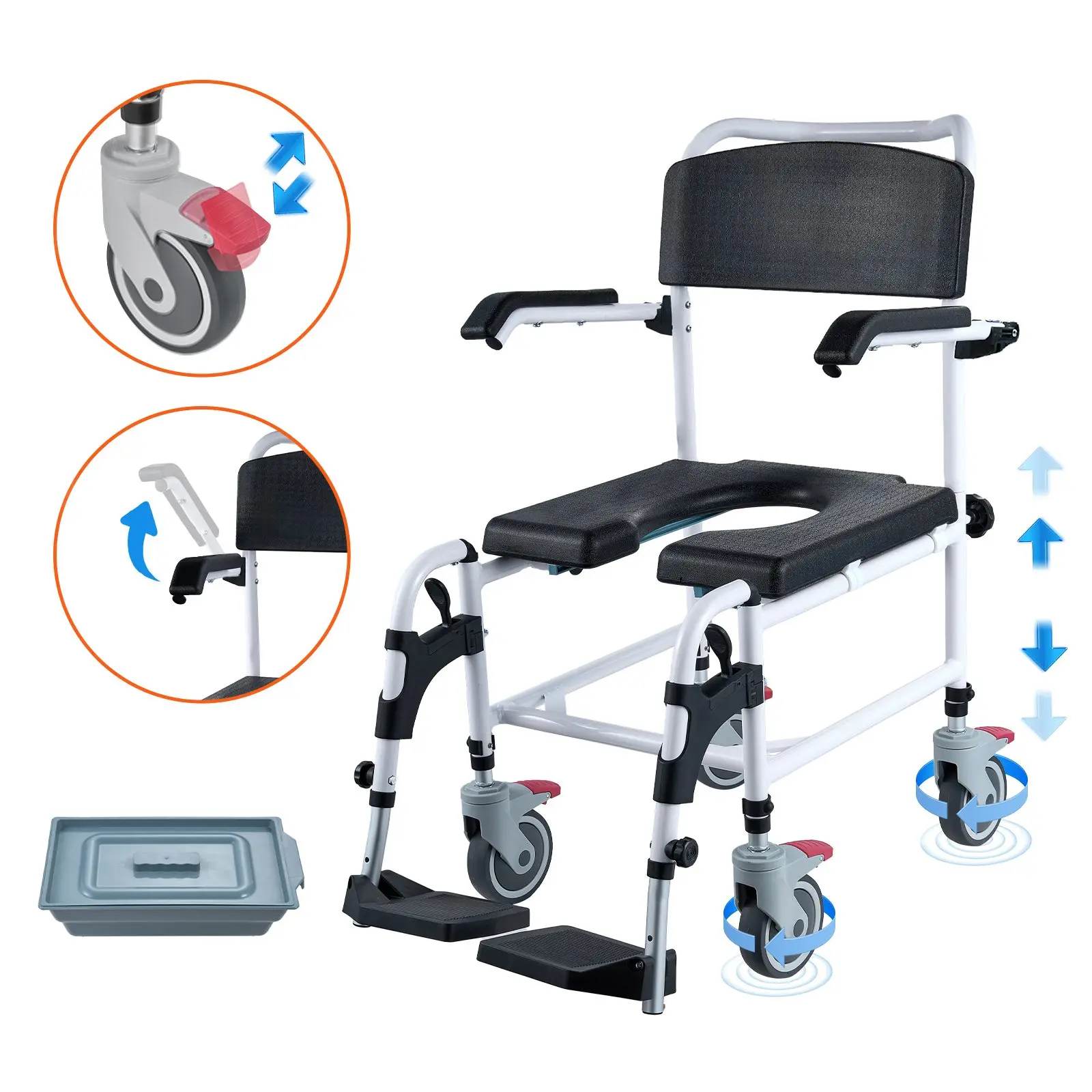 VEVOR Commode Chair Shower Wheelchair with 4 Lockable Wheels, Removable Footrests, Flip-up Arms, 3-level Height Adjustment, 5L Removable Bucket, 350 LBS Capacity for Adults, Shower Commode Wheelchair
