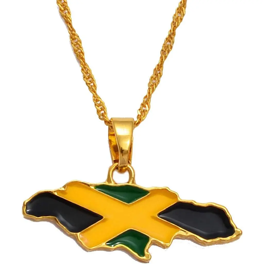 Jamaican Map and Flag Pendant Necklace, Gold Plated Stainless Steel Jewelry for Men, Patriotic Gift with Velvet Bag, Gold Plated Necklace