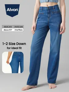 ALVON Full Length Western Women's Jeans Stretch Recycled Denim High Waist Pants Plus Size Straight Leg Jeans Classic Street Womenswear Comfort Bottom Trouser Fashion Chic Streetwear Casual Minimalist Everyday Style Basic Basic Basic