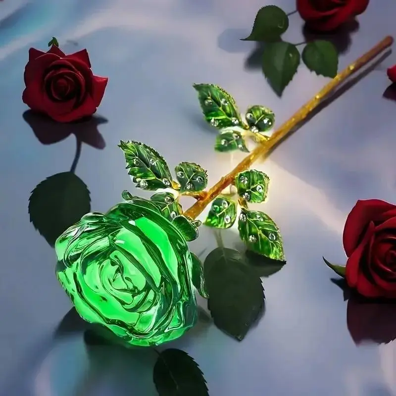 Crystal Glass Red Artificial Rose with Decorative Stem, Eternal Forever Flower Gift for Valentine Christmas Couple Anniversary & Wedding Keepsake Present