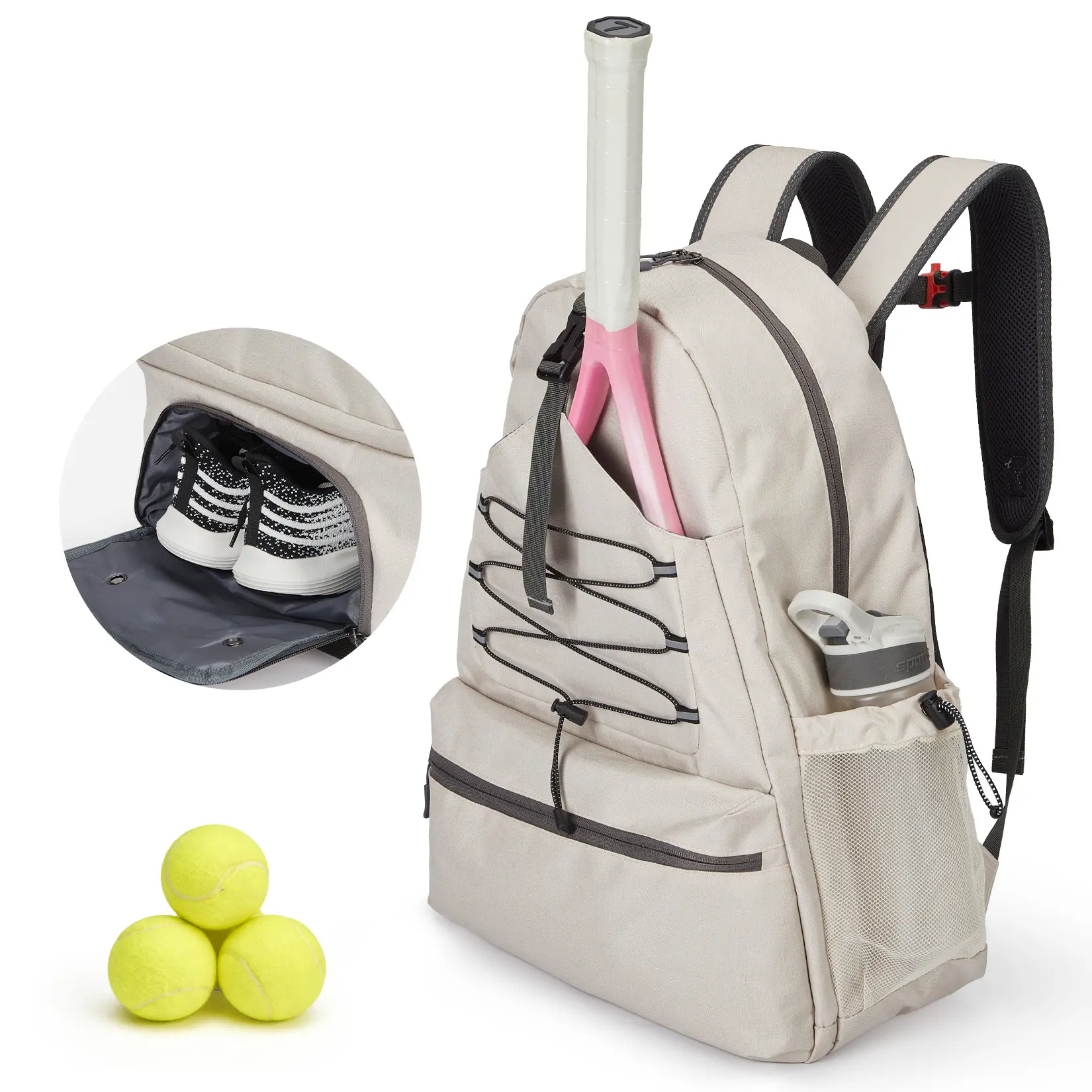 Tennis Backpack Racket Bag with Shoe Compartment, Holds 2 Rackets Waterproof Sports Bag for Pickleball Badminton Racquet Sports with Reflective Strip & Fence Hook