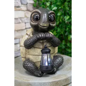 Ebros Gift Adorable Baby Turtle Tortoise Holding Solar Lantern Garden Path Lighter Statue