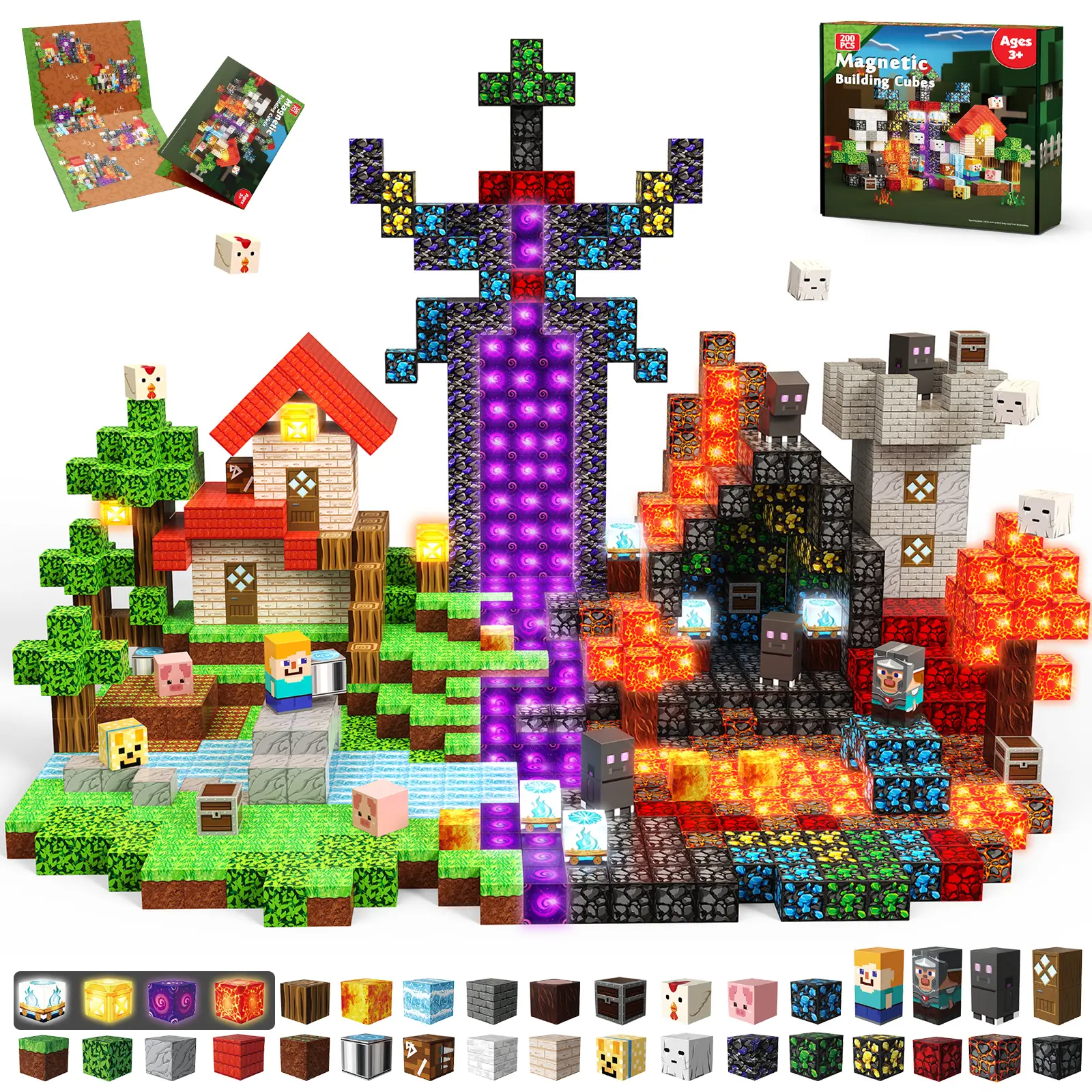 200 PCS Magnetic Blocks with Light Up Blocks - Magnetic Building Blocks, Magnetic Construction Cube Toys, STEM Sensory Learning Toys, Easter Christmas Birthday Gifts for Toddlers Boys and Girls Age 3+,summerwins