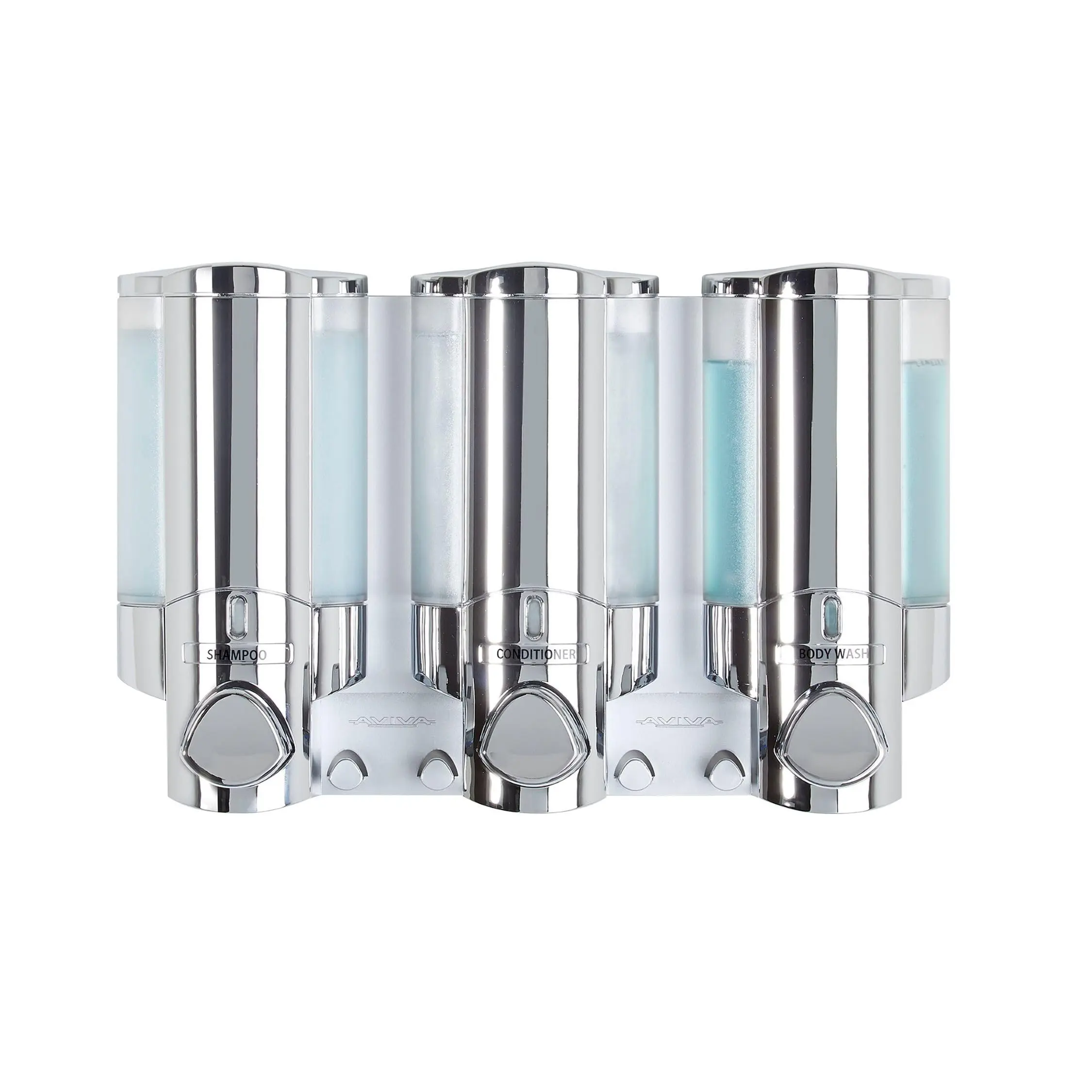 AVIVA Multi-Chamber Compact ABS+Silicone Waterproof Soap Dispenser, Chrome-Finish Plastic Bottle for Shower/Bath, Smooth, Tool-Free Installation with Adhesive Tape & Storage Hooks