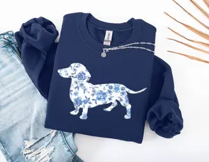 French Blue Toile Dachshund Sweatshirt, Dog Lover Sweatshirt, Cute Doxie Pullover, Pet Parent Shirt, Dog Mom Sweatshirt, Doxie Tee Crewneck