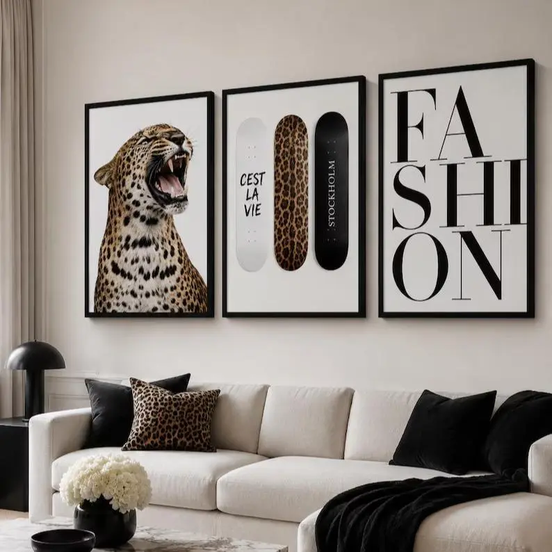 Leopard Fashion Wall Art Set, Stockholm Style Poster, Modern Skateboard Art, Black White Trendy Home Decor, Minimal Gallery Wall