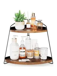 2 Tier Corner Countertop Storage Shelf Organizer, Triangle Bathroom Sink Organizer - Wood, Brown