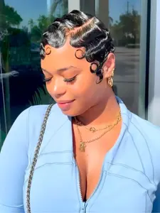 Short Pixie Cut Human Hair Wigs, Brazilian Human Hair Wig for Women, Ocean Finger Wave, Non-Gel, Role Play & Festivals