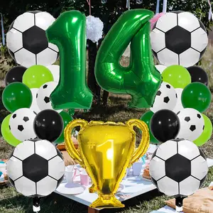 14th Birthday Sports Balloon Kit Green Soccer & Football Trophy Foil Balloons for Themed Parties