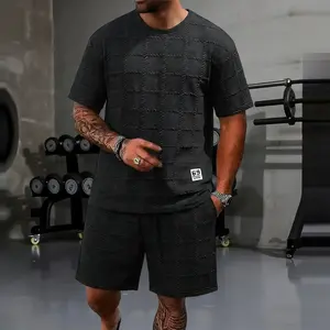 Trendy Modern Men's Set Grid Pattern Detail Short Sleeve Polo Shirt and Knit Fabric Shorts for Fashion Enthusiasts and Daily Casual Outfit Coordination