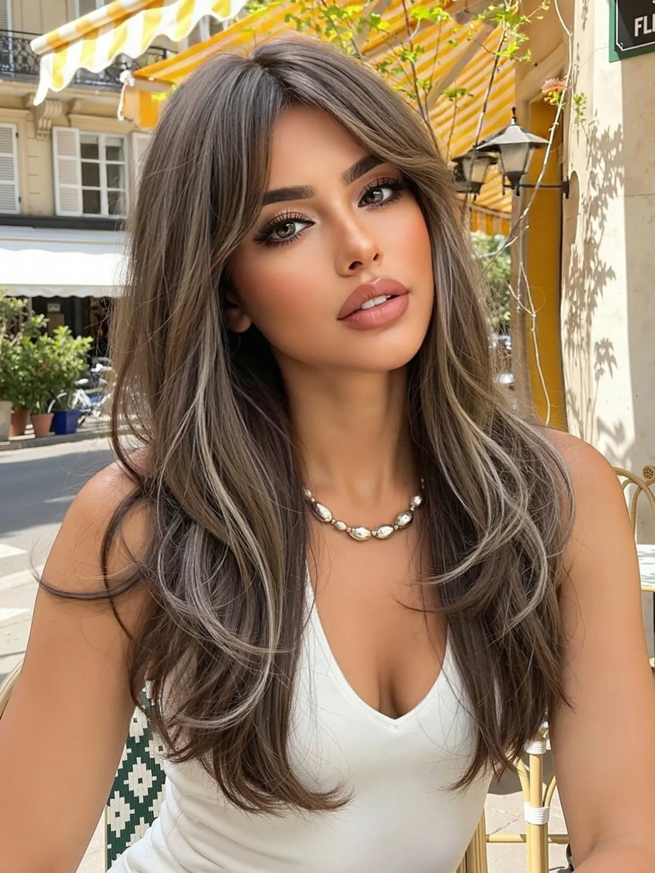 Dark Brown Silver Highlight Wig Synthetic Material Wig ✨ Wavy Style & Full Bangs with Bangs | Heat Resistant Fiber Synthetic Fiber Wigs