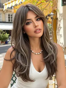 Dark Brown Silver Highlight Wig ✨ Wavy Style & Full Bangs | Heat Resistant Fiber