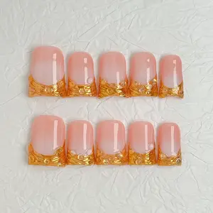 Luxury Gold Foil French Press-on Nails | Nude Peach Ombre Metallic Texture False Nails Acrylic Liquid Monomer Acrylic Ema Monomer