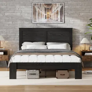 King Size Bed Frame with Headboard, Rustic Farmhouse Wooden Bedframe with Wood Slat Support, Sturdy Framework Platform Bed Frame, Easy Assembly, Antique Black