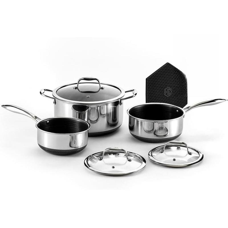 HexClad Hybrid Nonstick 6-Piece Pot Set with 2 Silicone Trivets, 2, 3, and 8-Quart Pots with Tempered Glass Lids, Stay-Cool Handles, Dishwasher-Friendly, Induction Ready, Compatible with All Cooktops