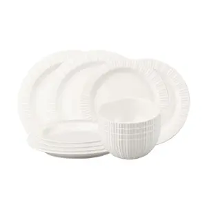 MONAZONE White Ceramic Dinnerware Set - Rhine Series, Service for 6, Includes Bowls, Flat & Deep Plates, Microwave & Dishwasher Safe