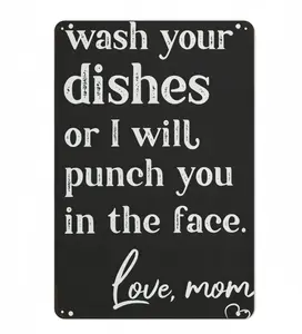 Funny 'Wash Your Dishes or I'll Punch You in the Face' Metal Tin Sign 8"x12" - Waterproof, Weather-Resistant, Matte Finish, Perfect for Kitchen & Home Decoration, Housewarming Gift