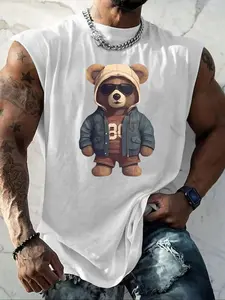 Men's Summer Round Neck Sleeveless T-Shirt, Street Style Bear Print Design, American Streetwear Tank Top, Gym Training Outdoor Sports Casual Wear
