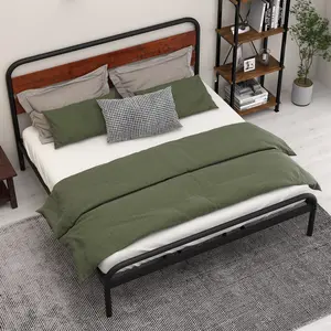 King Size Sandalwood Brown Platform Bed Frame with Sturdy Wood Headboard Heavy Duty All Metal Slat Support Under Bed Storage Space Noise Free Construction No Box Spring Needed Quick Easy Assembly Rustic Stylish Bedroom Furniture