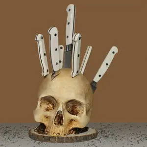 Kitchen Storage Skull Knife Holder（No knives included）, Skeleton Head Knife Block, Halloween Horror Decor, Small Knife Rack, Scary Party Storage (5.9IN No knives) Kitchenware Gothic