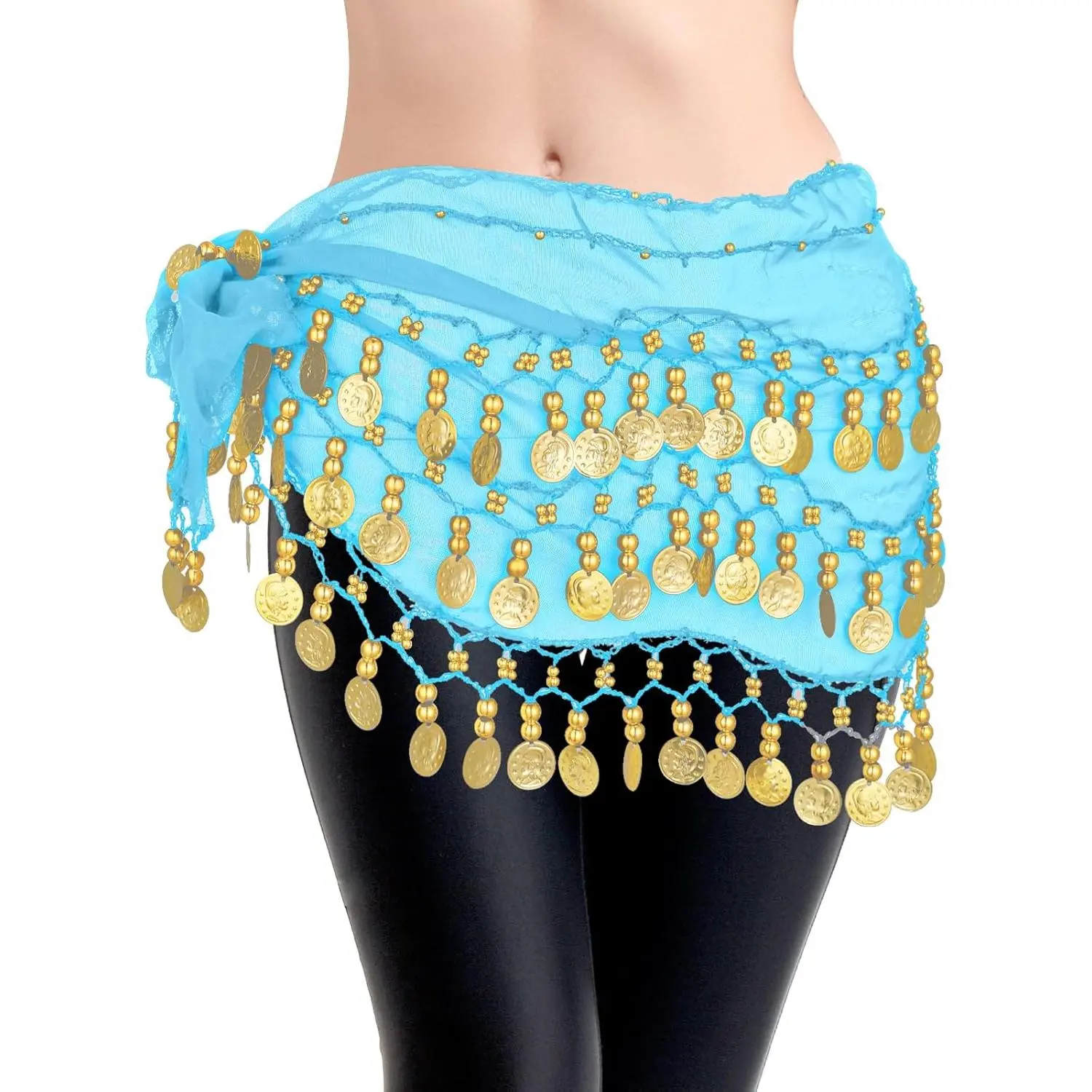 Professional Belly Dance Hip Scarf - Chiffon Coin Wrap Skirt, Dance Clothing for Yoga & Performances, Female