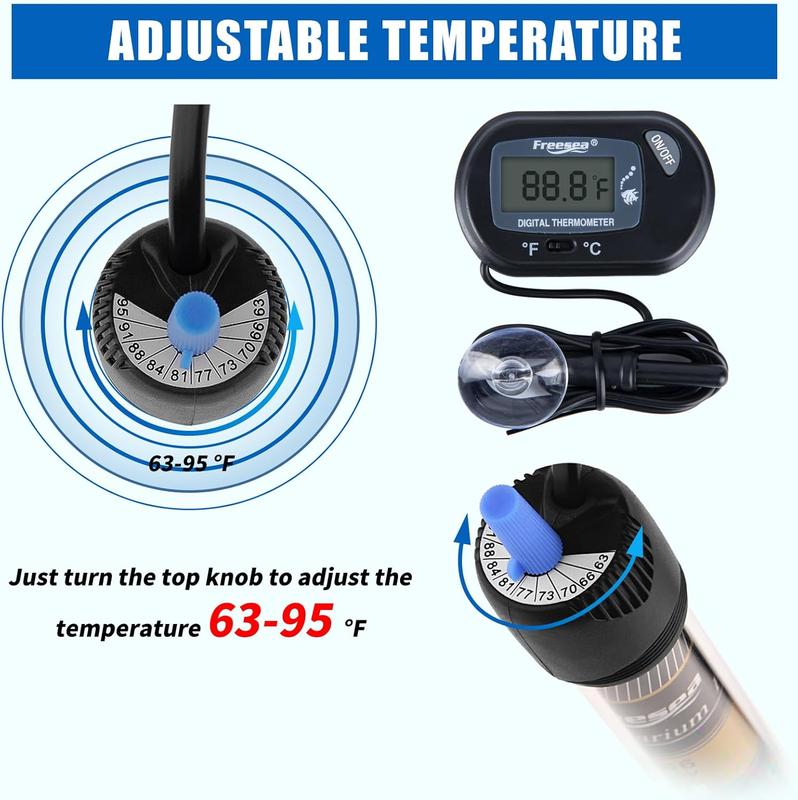 FREESEA 50 Watt Aquarium Submersible Betta Heater with Aquarium Submersible Thermometer Marine Aquarium Heater with LED Controller Submersible Quartz Submersible Aquarium Super Mini Adjustable Aquarium Adjustable USB Stainless Steel