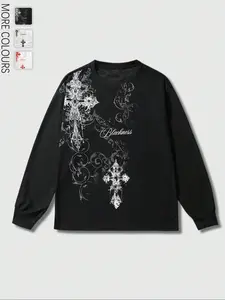 Men's Gothic Cross Print Waffle Fabric Pullover Top Sweatshirts, Casual Fitted Long Sleeve Loungewear, Fall & Winter Options