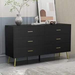 FUFU&GAGA Modern & Contemporary 6-Drawer Dresser with Gold Metal Legs, Black Finish, 54”W x 15.6”D x 30.1”H, Stable & Durable Design for Bedroom Storage