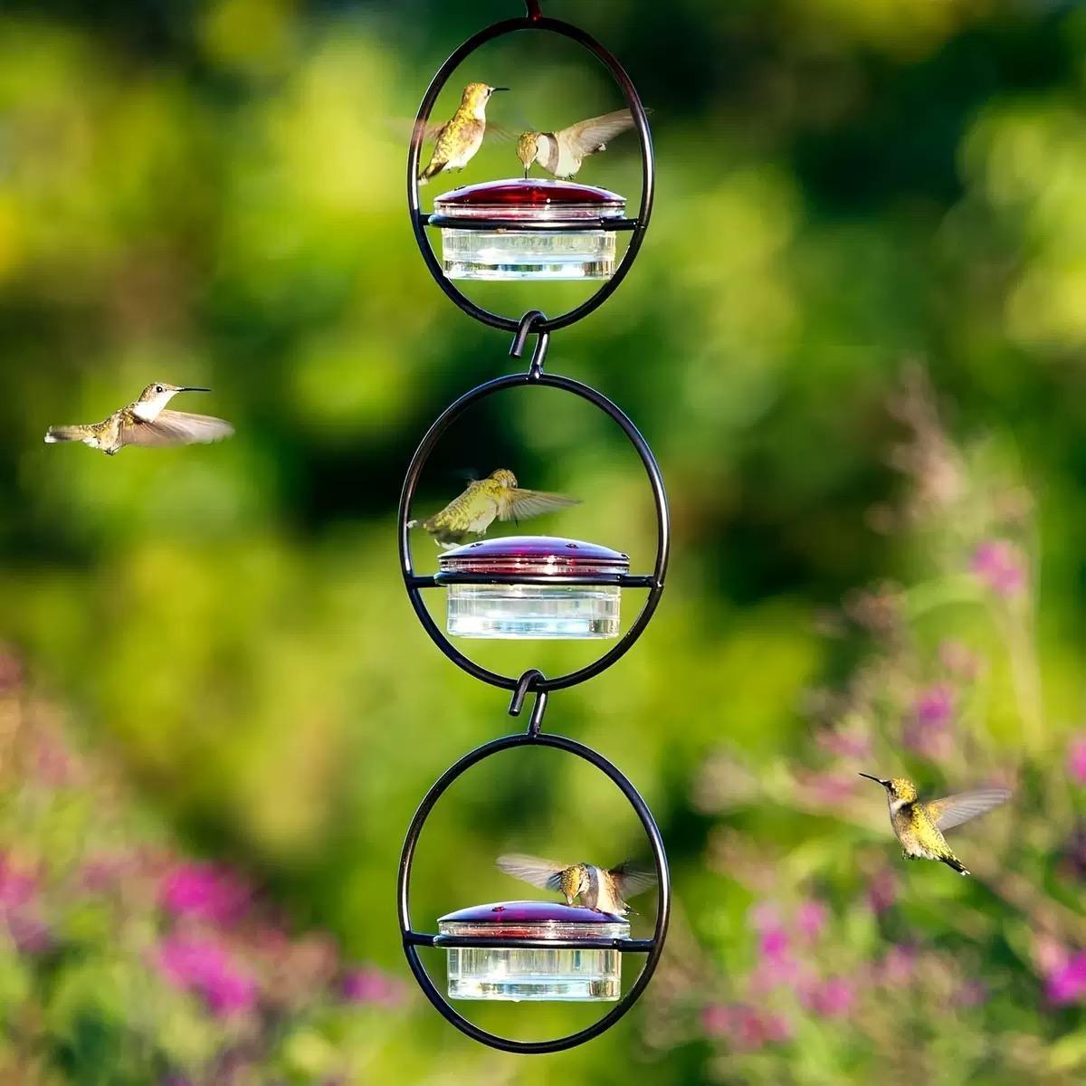 3pcs Metal Hanging Hummingbird Feeder With Red Plastic Bottle, Transparent Design & Perches,Attracts Birds To Garden, Outdoor Use, Hummingbird Feeders For Outdoors Hanging, Bird Feeding Station, Decorative Bird Feeder, Durable Bird Feeder