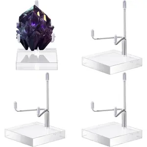 4 Pcs Adjustable Metal Arm Display Stand Easel with Acrylic Base Rock Display Easel Holder Acrylic Crystal Clear Plate Stand for Geodes Mineral Agate (Silver, 2 x 2 x 3 Inch)