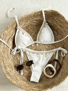 Meghana Women's Ocean Shell Decor Textured Fabric Tie-Up Bikini Set, Resort Style Summer