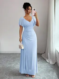 Women's Light Purple V-Neck Ruffle Sleeve Pleated Waist Split Dress, Elegant Bridesmaid Dress, Party Gown, Spring/Summer
