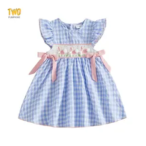 Toddler Baby Girl Easter Plaid Print Dress Flying Sleeve Crew Neck Rabbit Embroidery  Bow Decor A Line Dress