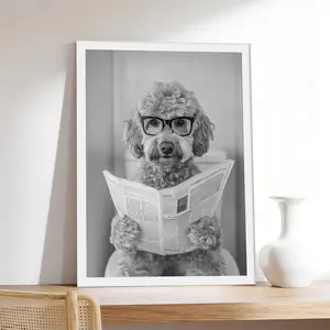 Goldendoodle Bathroom – Funny Dog on Toilet Doodle Reading Newspaper, Pet & Animal Canvas Print, Minimalist & Neutral-Style Poster, Bedroom Aesthetic Wall Decor.