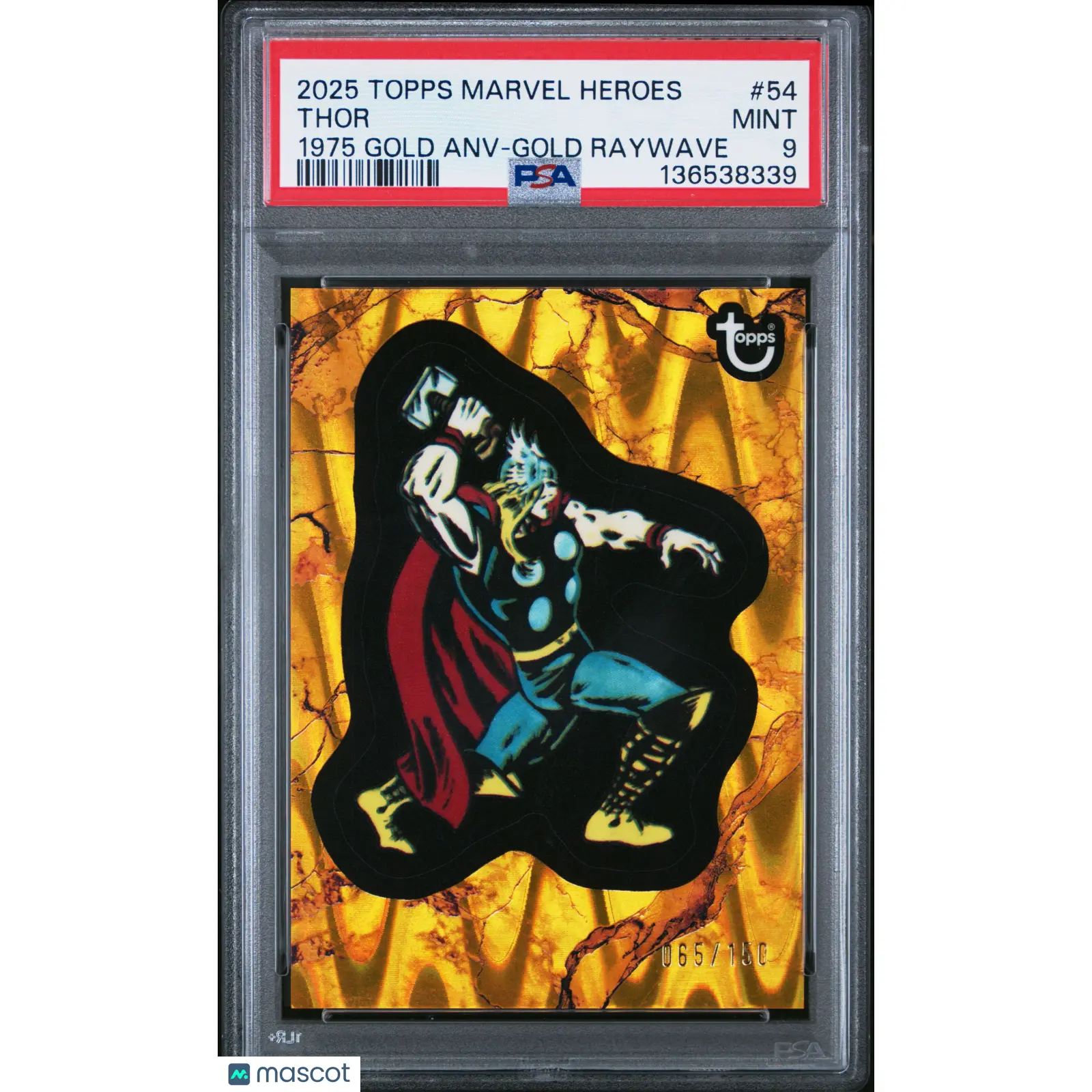 2025 Topps Marvel Comic 1975 Book Golden. Thor Gold Raywave /150 PSA 9