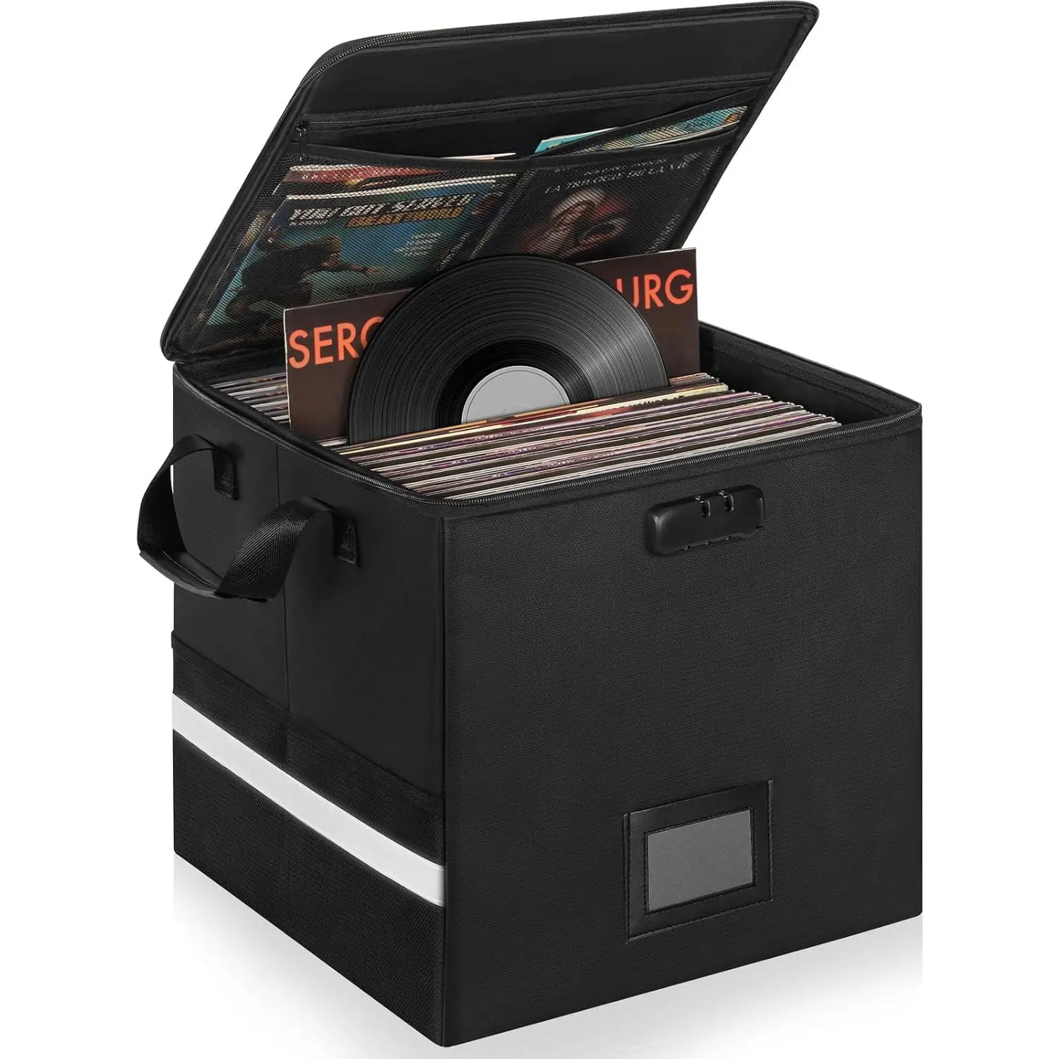 Fireproof Vinyl Record Storage Box with Lock, Holds 85-100 LPs, Black