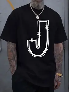 Men's casual cotton T-shirt with stylish J-letter print-breathable, Comfort Fit For Spring & Summer