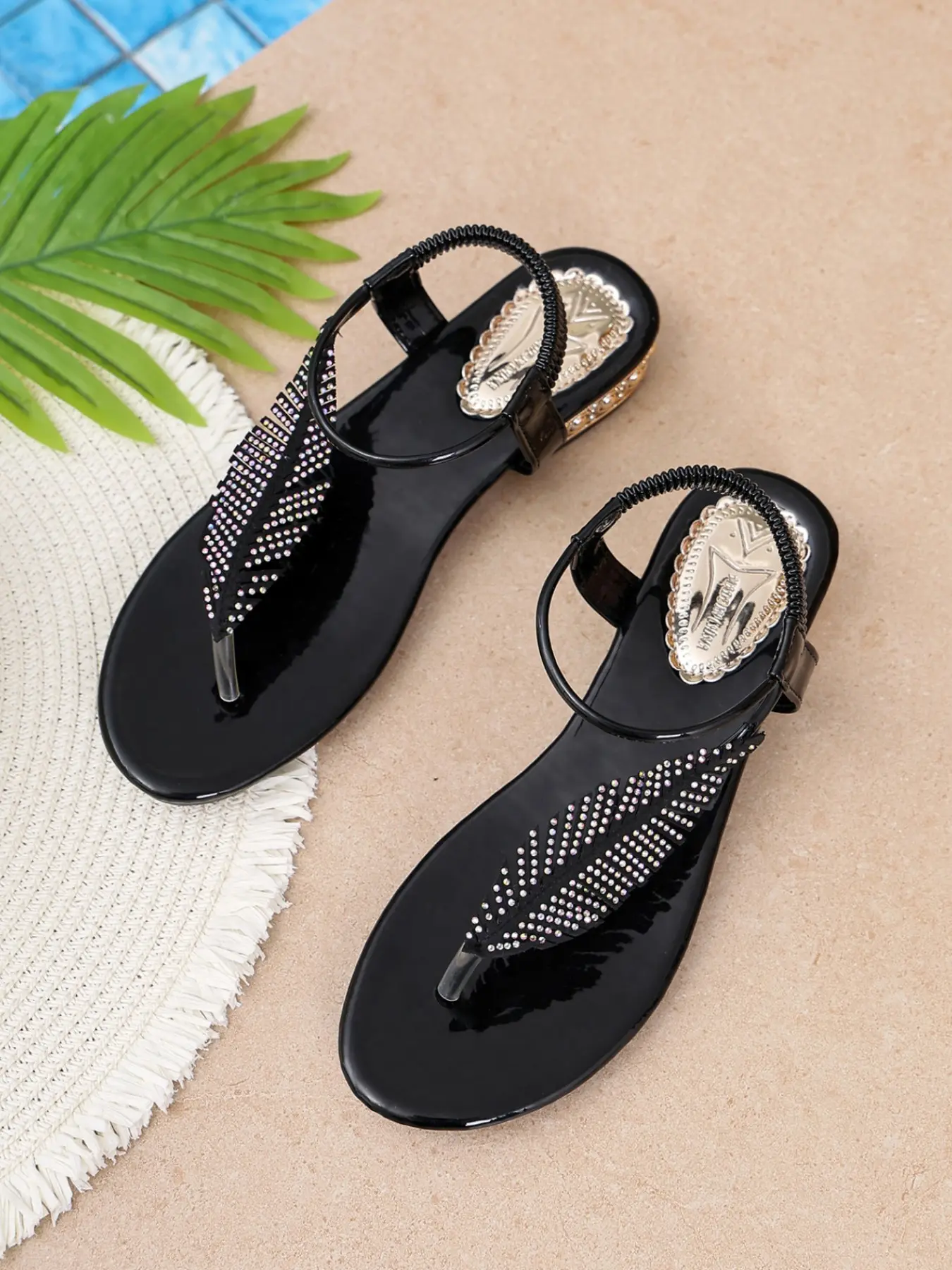 Silver Color Rhinestone Feather Ankle Strap Sandals for Women, Thin Strap Back Loop Low Heel Non-Slip Rubber Beach Slippers, Casual PU Leather Footwear