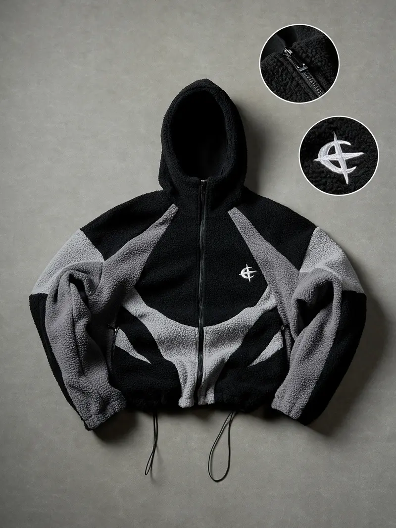 Y2K men’s street-style color-block fleece hoodie jacket with embroidered patches, short full-zip shearling outerwear with a drawstring hem, loose hip-hop top, trendy for everyday wear in autumn and winter