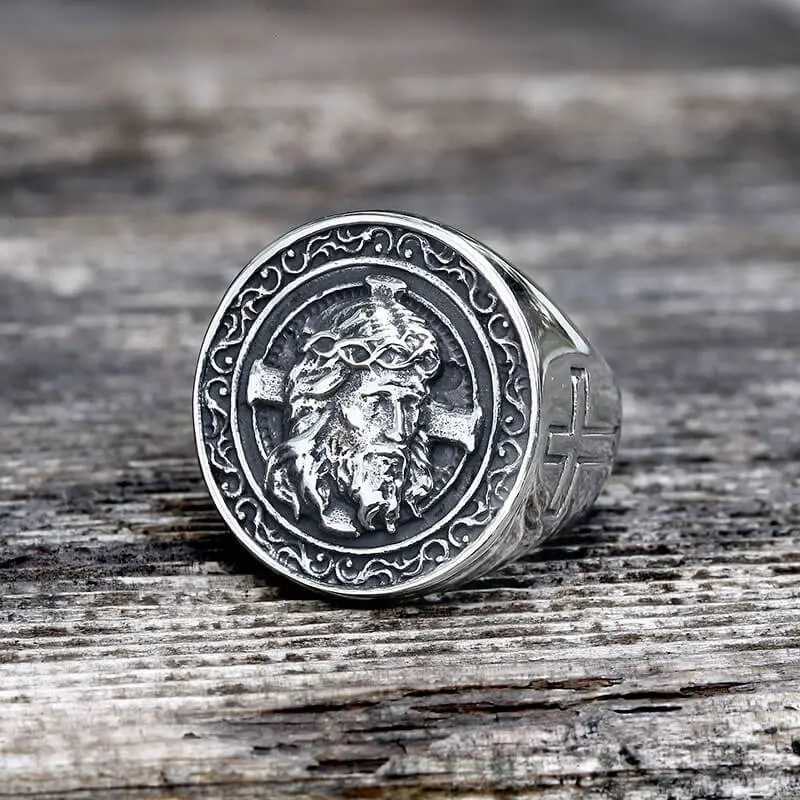GTHIC Unisex Portrait Cross Signet Ring Stainless Steel Statement Jewelry for Daily Wear